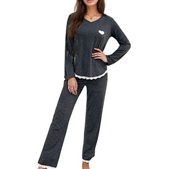Women's Long Sleeve Pajama Set with Lace Trim and Heart Detail
