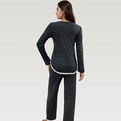 Women's Long Sleeve Pajama Set with Lace Trim and Heart Detail