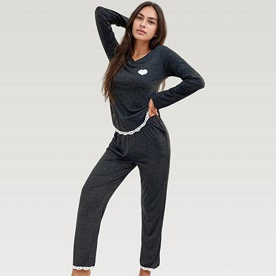 Women's Long Sleeve Pajama Set with Lace Trim and Heart Detail