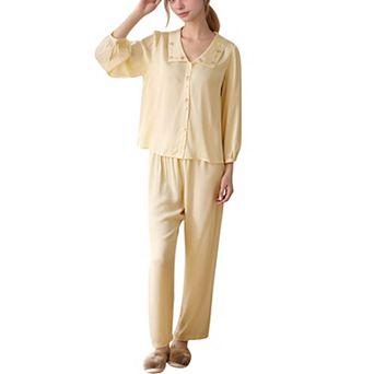 Women's Woven Two-Piece Pajama Set with Embroidered Sailor Collar and Button Down Top
