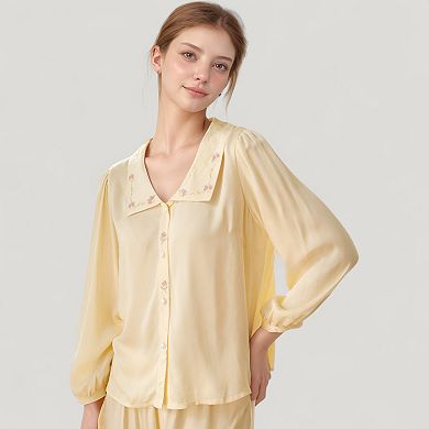 Women's Woven Two-Piece Pajama Set with Embroidered Sailor Collar and Button Down Top