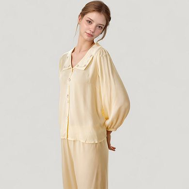 Women's Woven Two-Piece Pajama Set with Embroidered Sailor Collar and Button Down Top