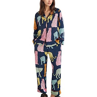 Women's Satin Multicolor Leopard Print Pajama Set with Long Sleeve Shirt and Relaxed Fit Pants