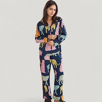 Women's Satin Multicolor Leopard Print Pajama Set with Long Sleeve Shirt and Relaxed Fit Pants
