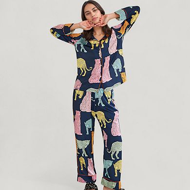 Women's Satin Multicolor Leopard Print Pajama Set with Long Sleeve Shirt and Relaxed Fit Pants
