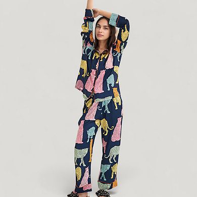 Women's Satin Multicolor Leopard Print Pajama Set with Long Sleeve Shirt and Relaxed Fit Pants
