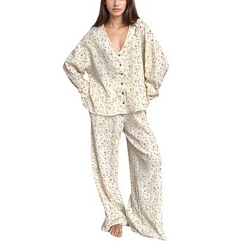 Women's Floral Print Woven Pajama Set with V-Neck Button Down Top and Wide Leg Elastic Waist Pants