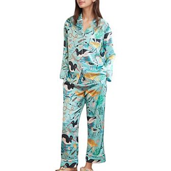 Women's Tropical Bird Print Pajama Set with Long Sleeve Button Down Top and Relaxed Silky Pants