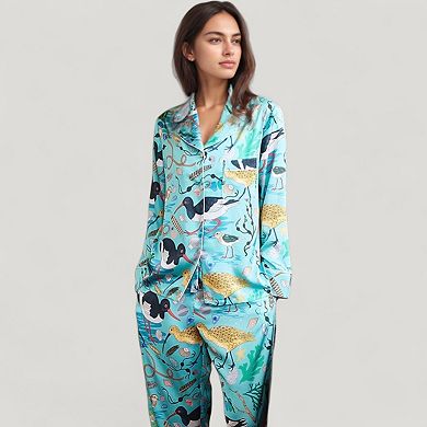 Women's Tropical Bird Print Pajama Set with Long Sleeve Button Down Top and Relaxed Silky Pants