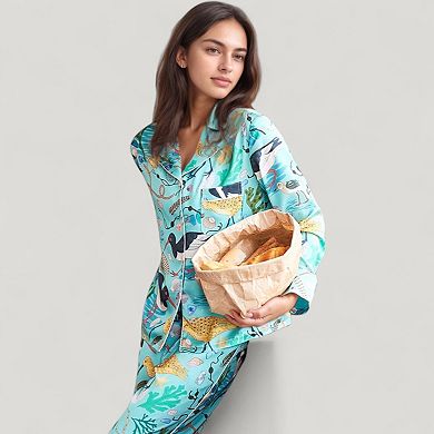 Women's Tropical Bird Print Pajama Set with Long Sleeve Button Down Top and Relaxed Silky Pants