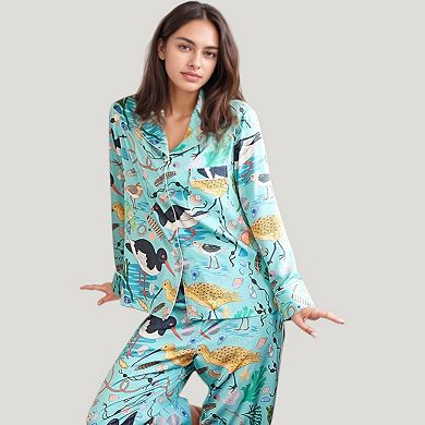 Women's Tropical Bird Print Pajama Set with Long Sleeve Button Down Top and Relaxed Silky Pants
