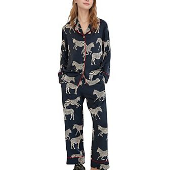 Women's Satin Zebra Print Pajama Set with Long Sleeve Button Up Shirt and Matching Relaxed Fit Pants