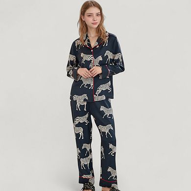 Women's Satin Zebra Print Pajama Set with Long Sleeve Button Up Shirt and Matching Relaxed Fit Pants