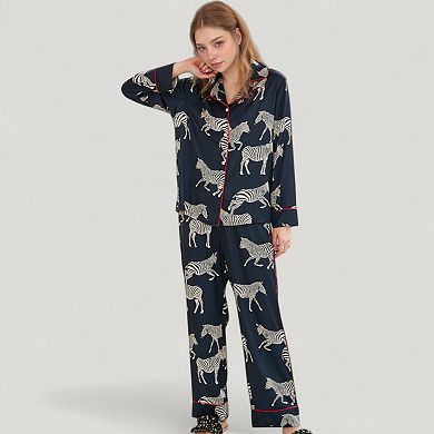 Women's Satin Zebra Print Pajama Set with Long Sleeve Button Up Shirt and Matching Relaxed Fit Pants