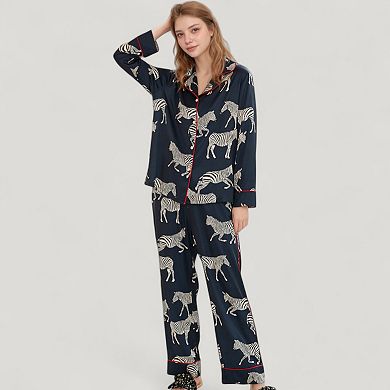 Women's Satin Zebra Print Pajama Set with Long Sleeve Button Up Shirt and Matching Relaxed Fit Pants