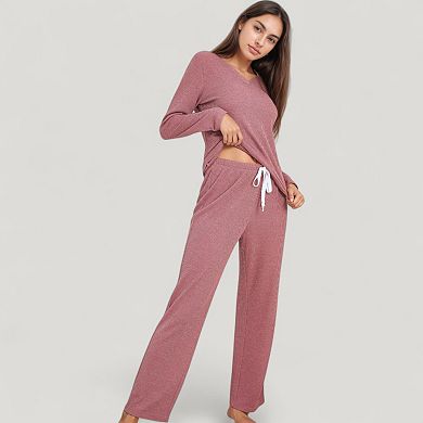 Women's V-Neck Long Sleeve Knit Top and Drawstring Waist Lounge Pants Two Piece Set