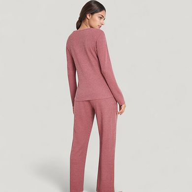 Women's V-Neck Long Sleeve Knit Top and Drawstring Waist Lounge Pants Two Piece Set