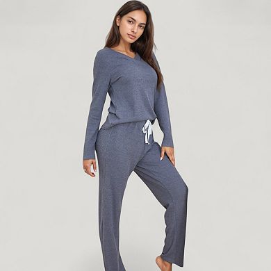 Women's V-Neck Long Sleeve Knit Top and Drawstring Waist Lounge Pants Two Piece Set
