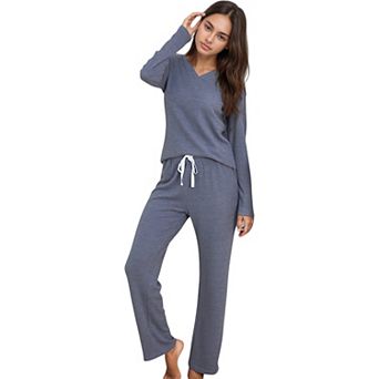 Women's V-Neck Long Sleeve Knit Top and Drawstring Waist Lounge Pants Two Piece Set
