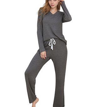 Women's V-Neck Long Sleeve Knit Top and Drawstring Waist Lounge Pants Two Piece Set
