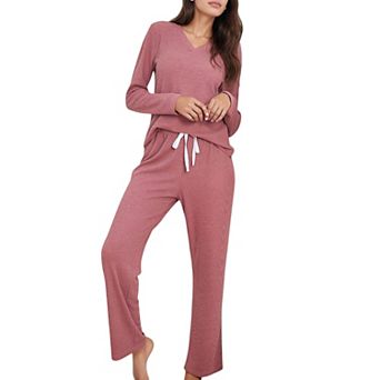 Women's V-Neck Long Sleeve Knit Top and Drawstring Waist Lounge Pants Two Piece Set