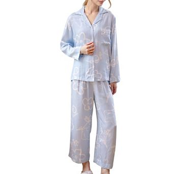 Women's Light Woven Pajama Set with Whimsical Floral Outline Print and Relaxed Button-Up Fit