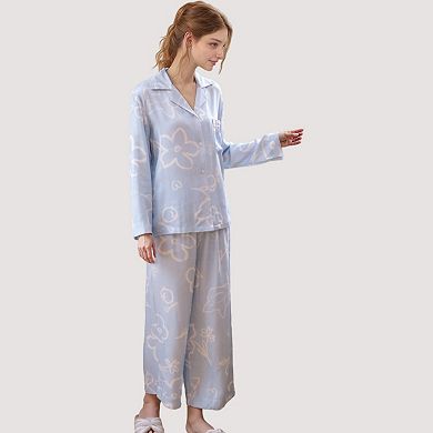 Women's Light Woven Pajama Set with Whimsical Floral Outline Print and Relaxed Button-Up Fit