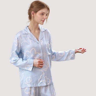 Women's Light Woven Pajama Set with Whimsical Floral Outline Print and Relaxed Button-Up Fit