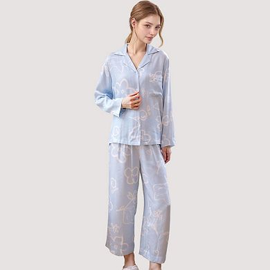 Women's Light Woven Pajama Set with Whimsical Floral Outline Print and Relaxed Button-Up Fit