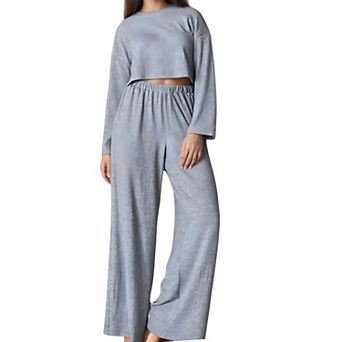 Women's Ribbed Knit Long Sleeve Crop Top and Wide Leg Lounge Pants Two-Piece Pajama Set