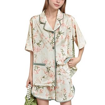 Women's Floral Print Pajama Set with Piping Trim and Button Front Short Sleeve Top
