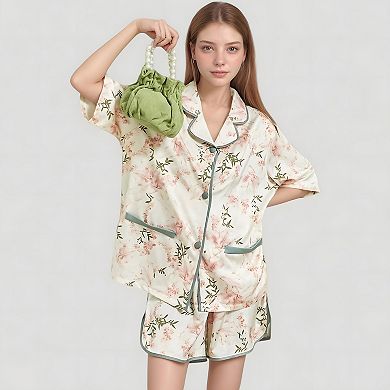 Women's Floral Print Pajama Set with Piping Trim and Button Front Short Sleeve Top