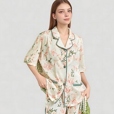 Women's Floral Print Pajama Set with Piping Trim and Button Front Short Sleeve Top