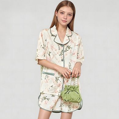 Women's Floral Print Pajama Set with Piping Trim and Button Front Short Sleeve Top