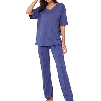 Women's Relaxed Fit Lounge Set with V-Neck Short Sleeve Top and Full-Length Pants