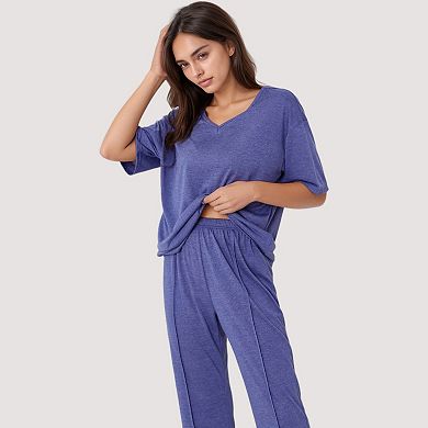 Women's Relaxed Fit Lounge Set with V-Neck Short Sleeve Top and Full-Length Pants