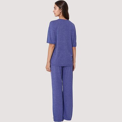 Women's Relaxed Fit Lounge Set with V-Neck Short Sleeve Top and Full-Length Pants