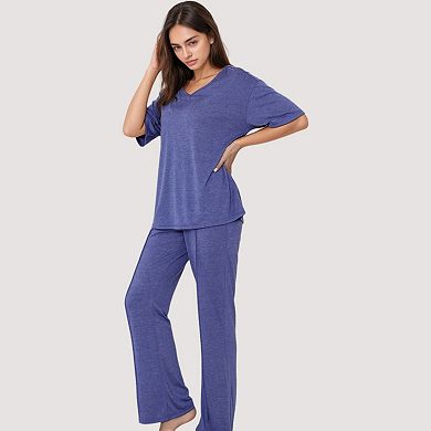 Women's Relaxed Fit Lounge Set with V-Neck Short Sleeve Top and Full-Length Pants