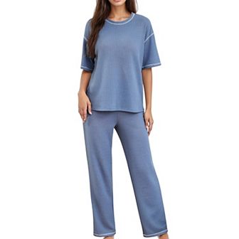 Women's Waffle Knit Pajama Set with Short Sleeve Top and Relaxed Fit Wide Leg Pants
