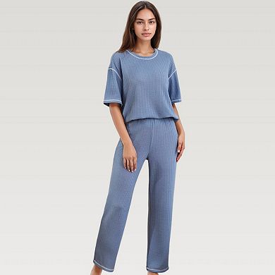 Women's Waffle Knit Pajama Set with Short Sleeve Top and Relaxed Fit Wide Leg Pants
