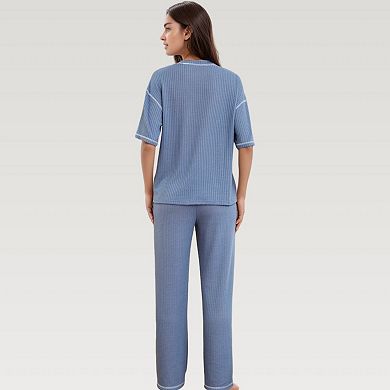 Women's Waffle Knit Pajama Set with Short Sleeve Top and Relaxed Fit Wide Leg Pants
