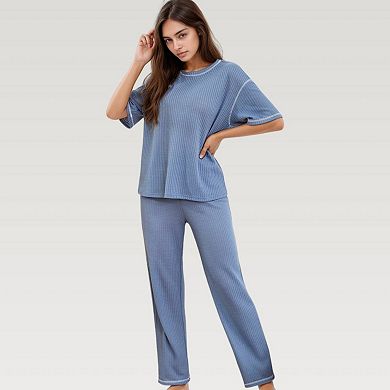 Women's Waffle Knit Pajama Set with Short Sleeve Top and Relaxed Fit Wide Leg Pants