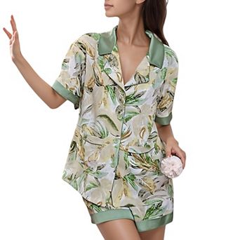 Women's Tropical Banana Leaf Print Pajama Set with Short Sleeves and Button Front Top