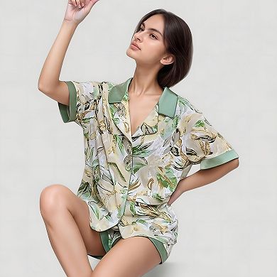 Women's Tropical Banana Leaf Print Pajama Set with Short Sleeves and Button Front Top