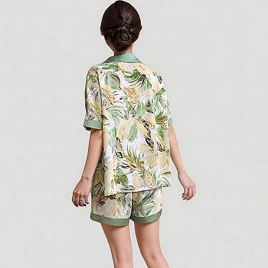 Women's Tropical Banana Leaf Print Pajama Set with Short Sleeves and Button Front Top