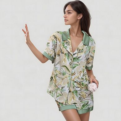 Women's Tropical Banana Leaf Print Pajama Set with Short Sleeves and Button Front Top
