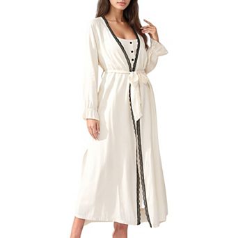 Women's Two-Piece Lounge Nightdress Set with Scoop Neck Button Front and Longline Open Robe