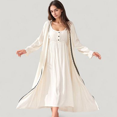 Women's Two-Piece Lounge Nightdress Set with Scoop Neck Button Front and Longline Open Robe