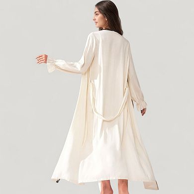 Women's Two-Piece Lounge Nightdress Set with Scoop Neck Button Front and Longline Open Robe