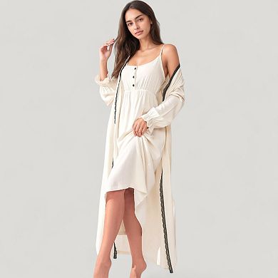 Women's Two-Piece Lounge Nightdress Set with Scoop Neck Button Front and Longline Open Robe